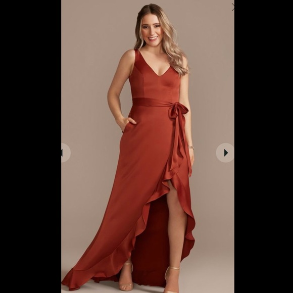 David's Bridal Dresses Crepe Satin Ruffle Highlow Cinnamon